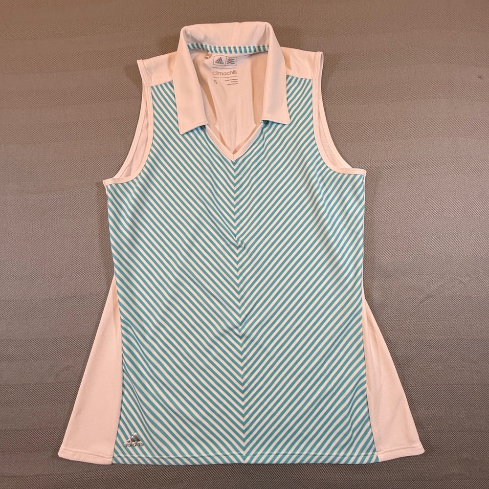 Adidas Golf Climachill Sleeveless Polo Shirt Women Small Teal White Striped 2436